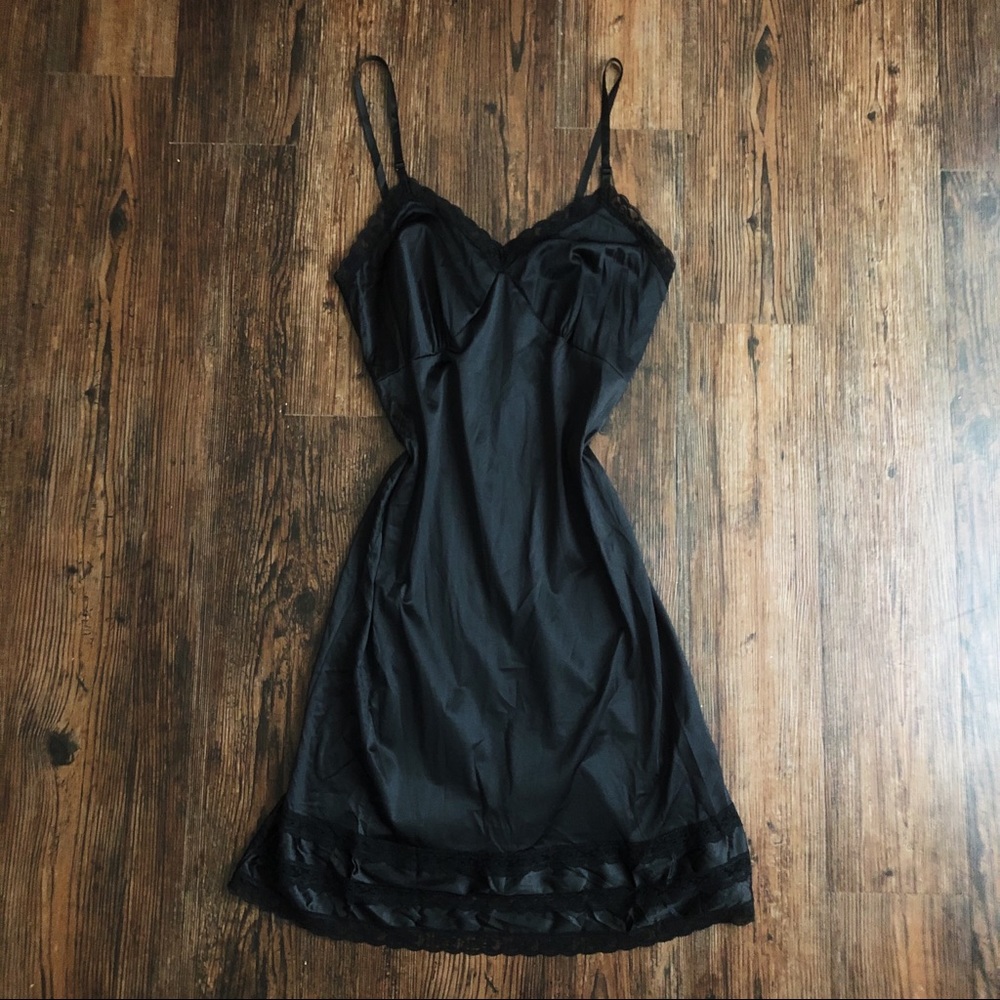 Vintage Black Lace Trimmed Nylon Nightgown Slip